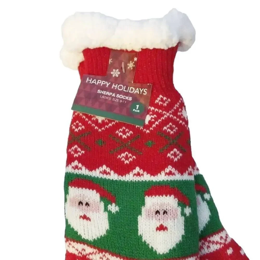 Happy Holidays Festive Santa Knitted Sherpa Lined Bootie Socks NWT